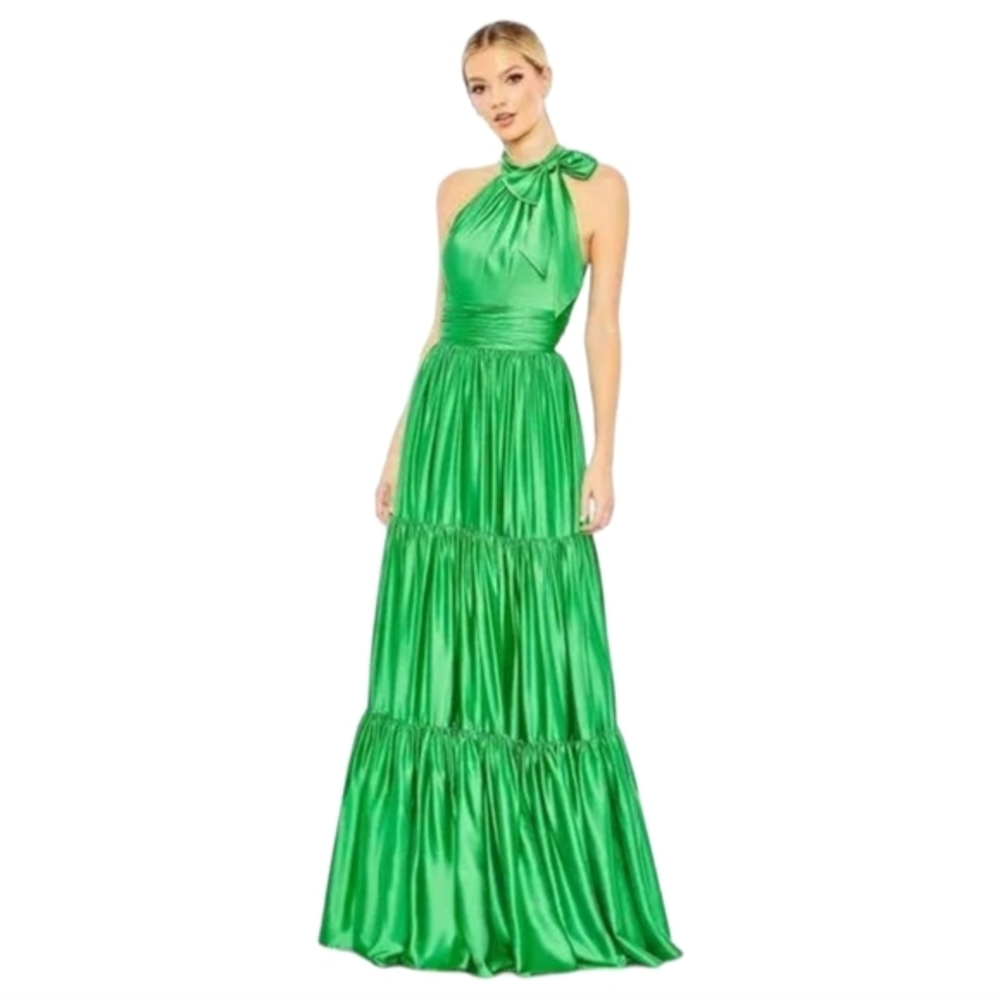 Mac Duggal 50658 Green Satin Tiered Sleeveless‎ Halter Gown Plus Size 24 NWT